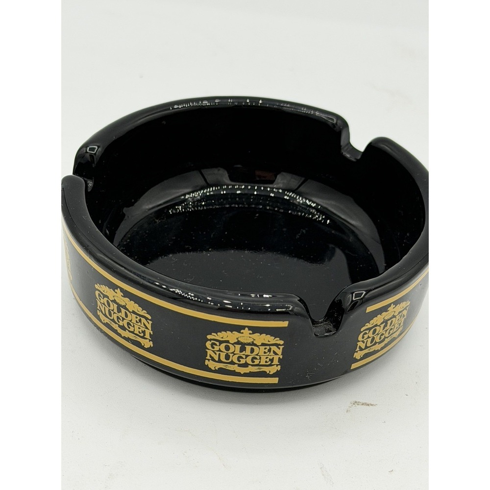 Vintage Golden Nugget Las Vegas Casino Ashtray, Black Glass, Yellow Lettering